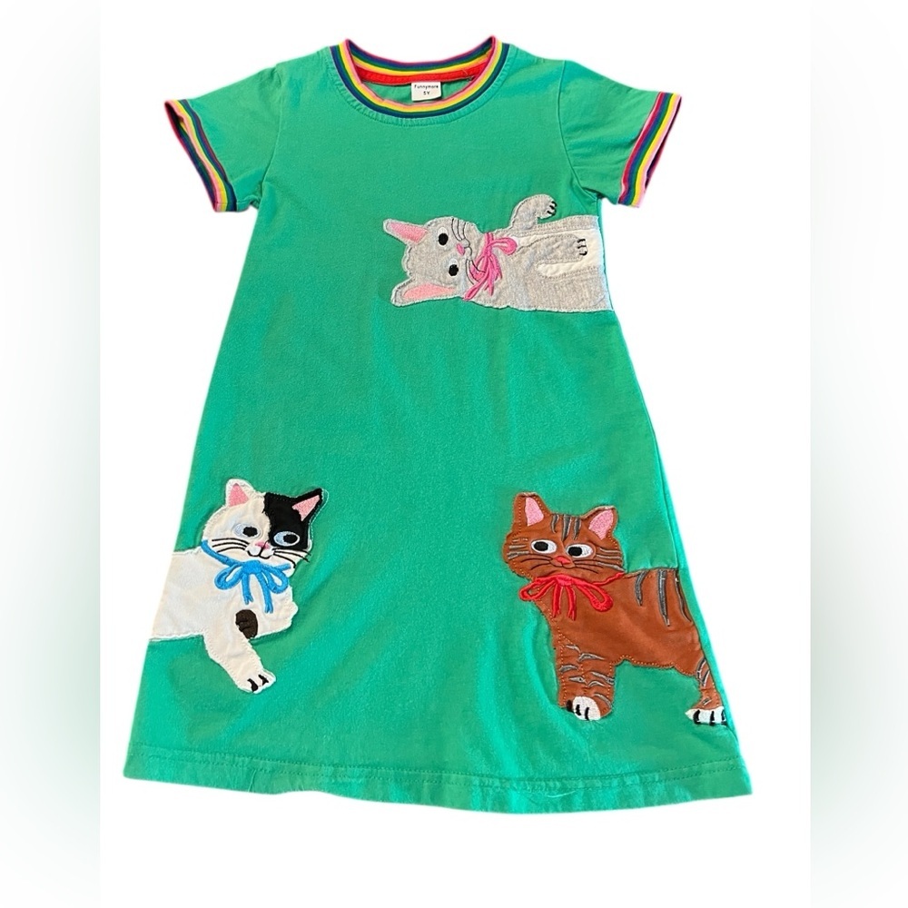 Funnymore Girls' Green Cat Appliqué Casual Dress Size 5Y